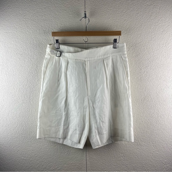 Ralph Lauren l 32 Purple Label Byron Pleated Buckle Classic Cream Linen Shorts